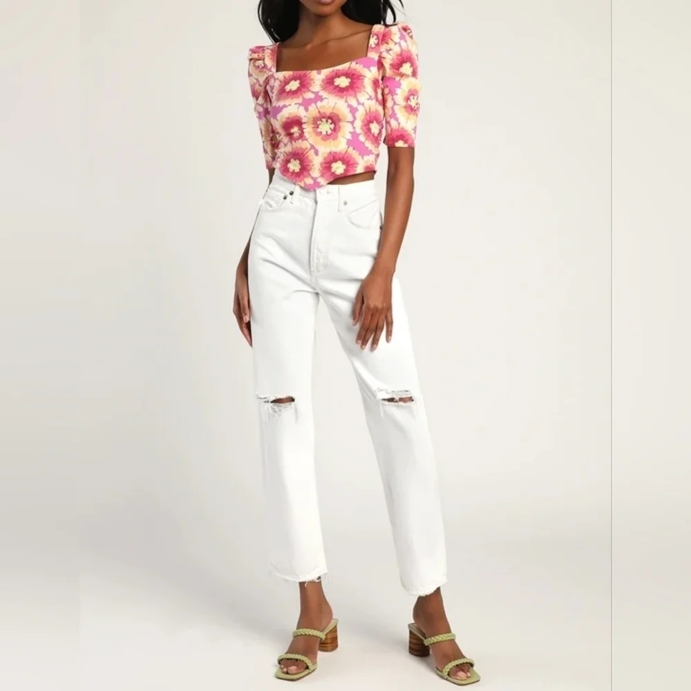 Free People Give Me More Pink Multi Floral Half Sleeve Crop Top Crisscross Back